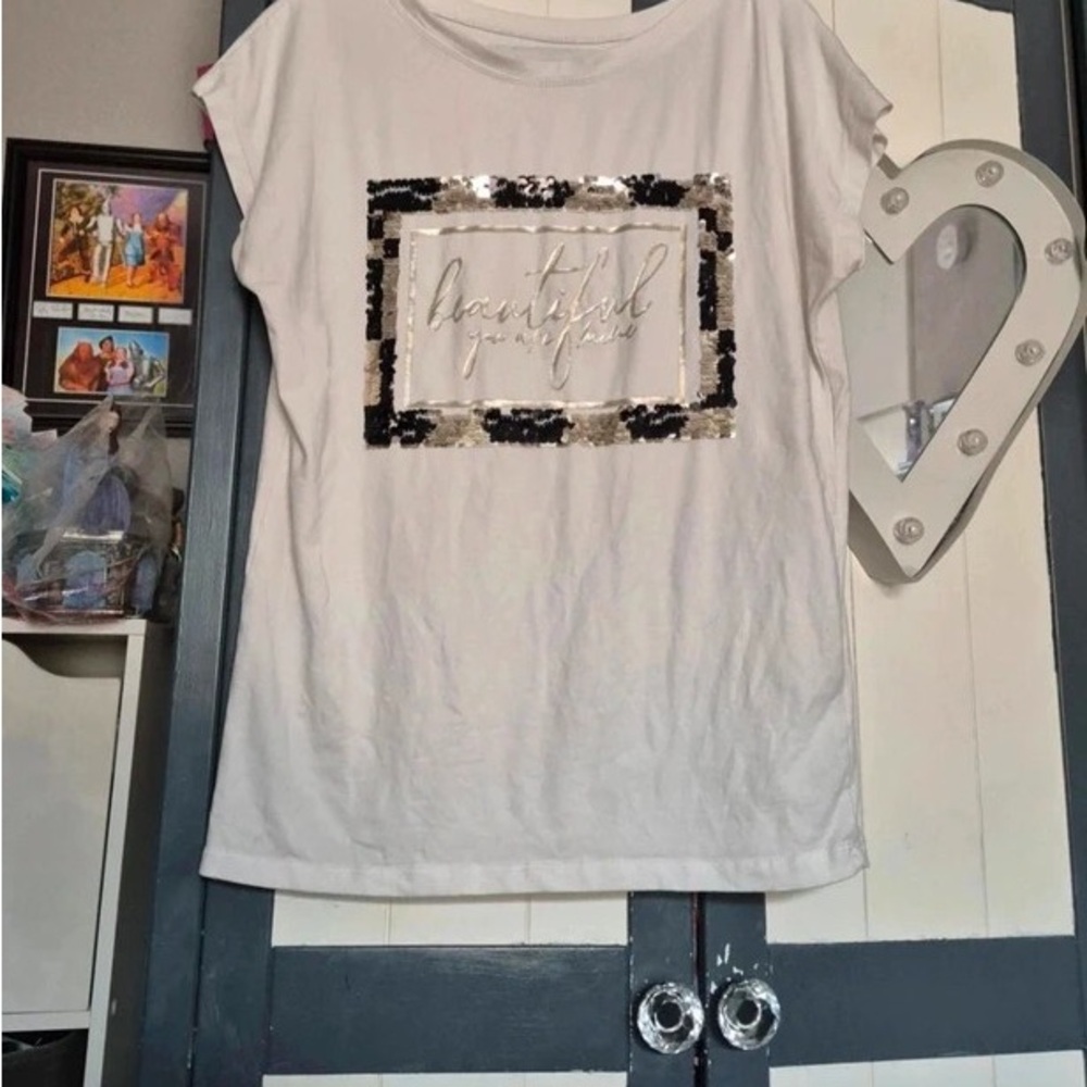 SHEIN White Tee with Black and Silver Sequin Detail